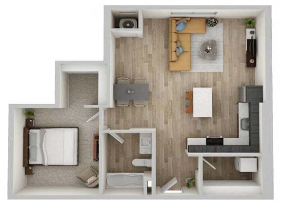 A top-down view of a small apartment with a bedroom, living room, and kitchen.