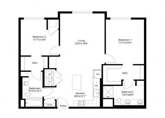 A black and white image of a floor plan for a two bedroom apartment.