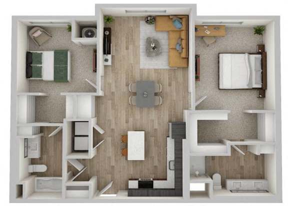 A top-down view of a small apartment with a kitchen, living room, and bedroom.