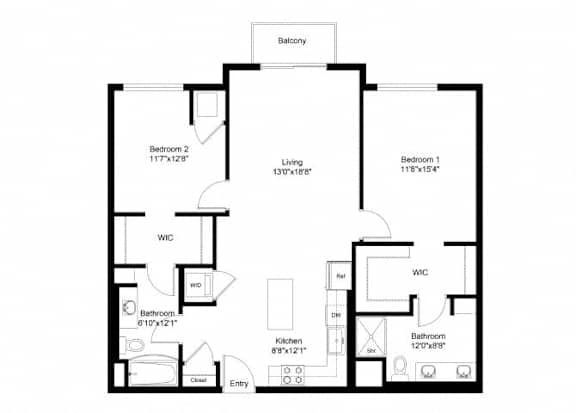 A floor plan of a house with two bedrooms, two bathrooms, a living room, a kitchen, a dining room, and an entry.