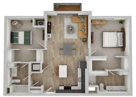 A top-down view of a small, modern apartment with a kitchen, living room, and bedroom.