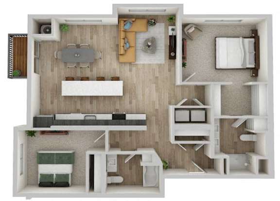 A top-down view of a small apartment layout with a kitchen, living room, and bedroom.