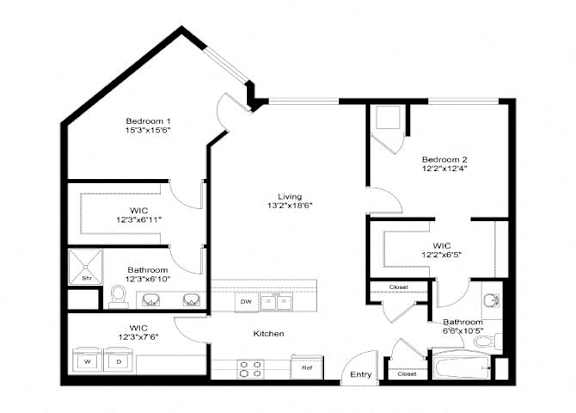 A floor plan of a house with two bedrooms, a living room, a kitchen, a bathroom, and an entry.