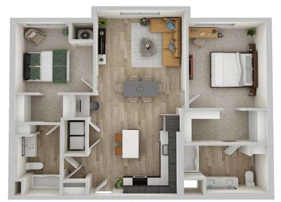 A top-down view of a small apartment with a kitchen, living room, and bedroom.