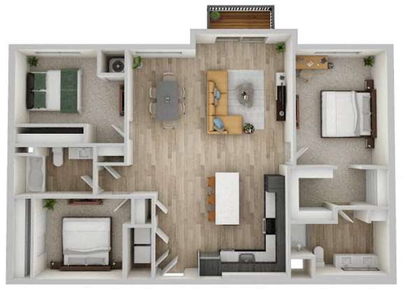 A top-down view of a small apartment with a kitchen, living room, and bedroom.