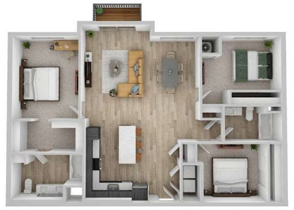 A top-down view of a small apartment layout with a kitchen, living room, and bedrooms.