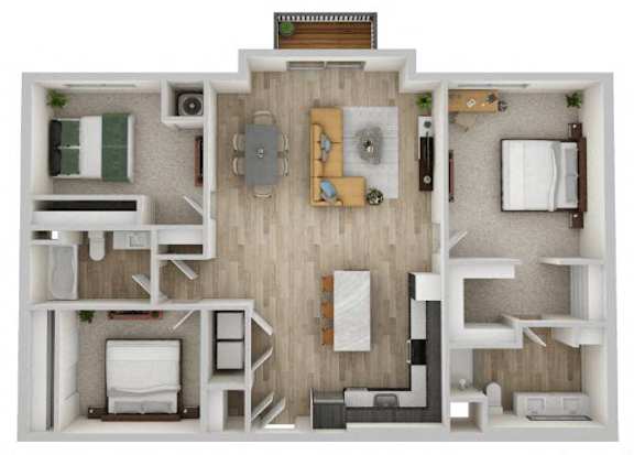 A top-down view of a small apartment with a kitchen, living room, and bedroom.