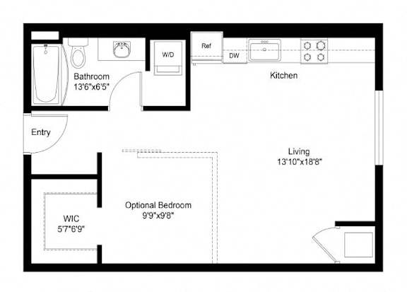 A floor plan of a small apartment with a living area, kitchen, bathroom, and an optional bedroom.