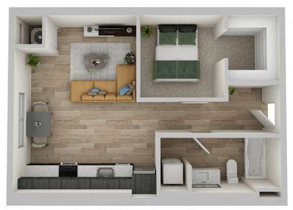 A 3D rendered image of a modern apartment layout.