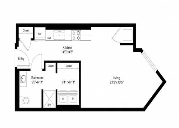 A black and white image of a floor plan for a living space.