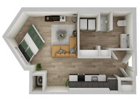 A top-down view of a living room with a couch, a coffee table, and a television.