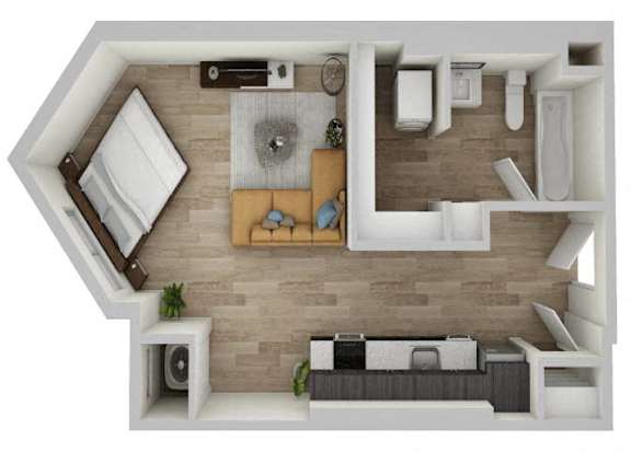 A top-down view of a living room with a couch, a coffee table, and a TV.