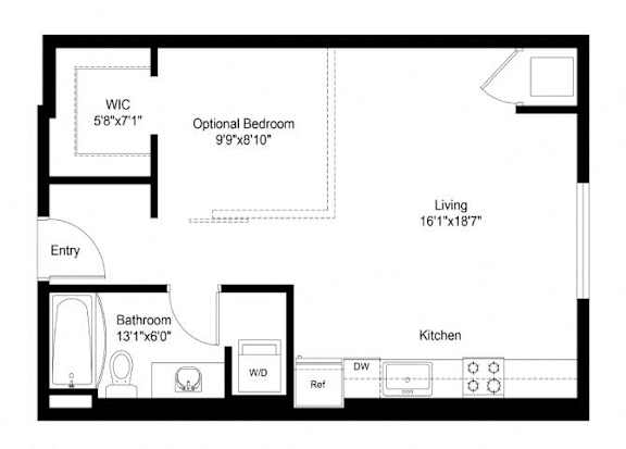 A floor plan of a small apartment with a living room, kitchen, bathroom, and a WIC room.