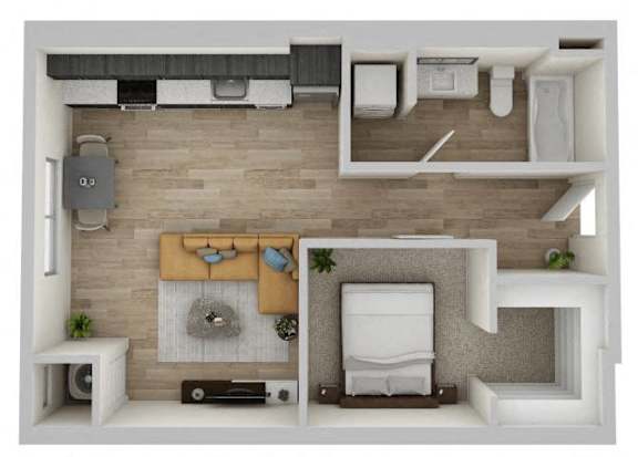 A 3D floor plan of a small apartment with a kitchen, living room, and bathroom.