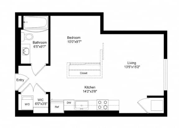 A floor plan of a small apartment with a bedroom, living room, and kitchen.