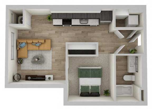 A top-down view of a small apartment with a bedroom, living room, and kitchen.