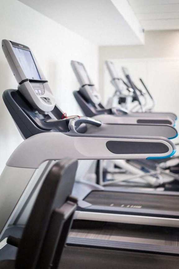 A row of treadmills in a gym.