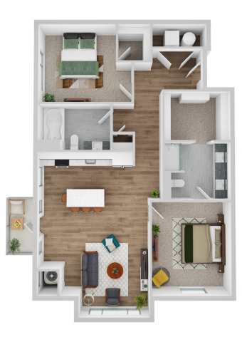 A floor plan of a house with a living room, kitchen, and two bedrooms.