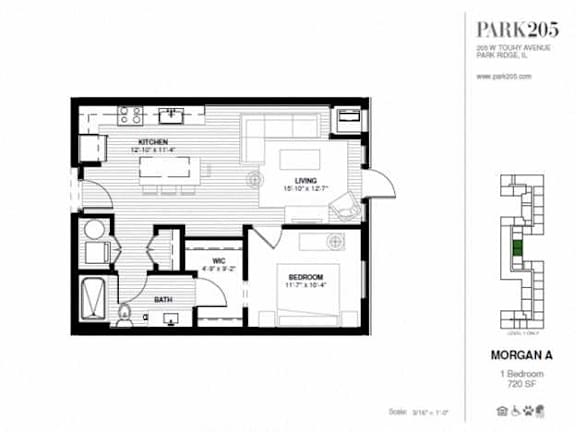A black and white image of a floor plan for a one bedroom apartment.