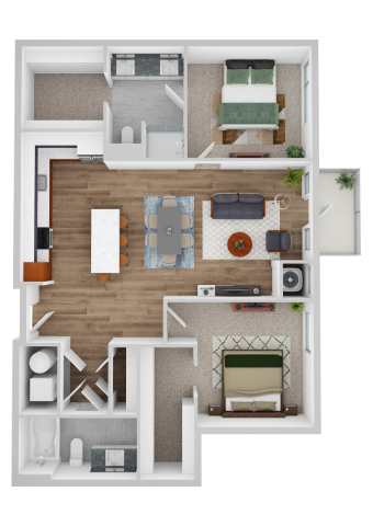 A floor plan of a house with a living room, dining room, kitchen, and two bedrooms.