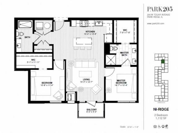 A black and white image of a house floor plan with a living room, two bedrooms, a master bedroom, a balcony, and a kitchen.