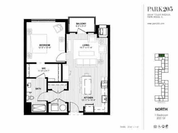 A black and white image of a floor plan for a Park 205 apartment.
