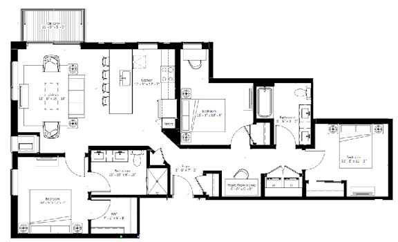 A black and white floor plan of a house with labeled rooms and measurements.