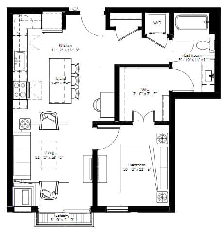 A floor plan of a house with a kitchen, living room, and bathroom.