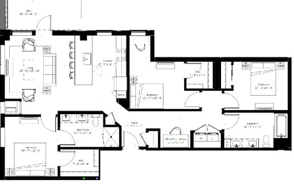 A black and white floor plan of a house with multiple rooms.