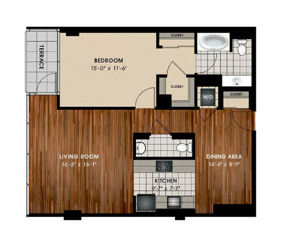 A floor plan of a house with a bedroom, living room, kitchen, dining area, and closet.
