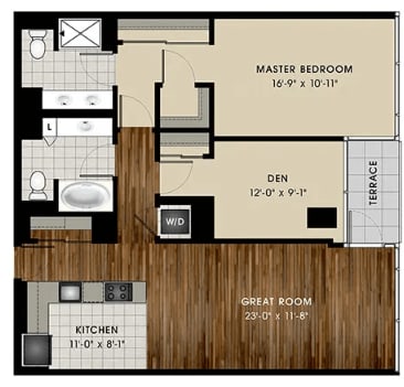A floor plan of a house with a master bedroom, den, great room, and kitchen.