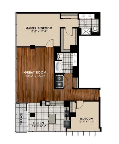 A floor plan of a house with a master bedroom, great room, and kitchen.