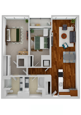 A 3D floor plan of a small apartment with a kitchen, living room, and bathroom.