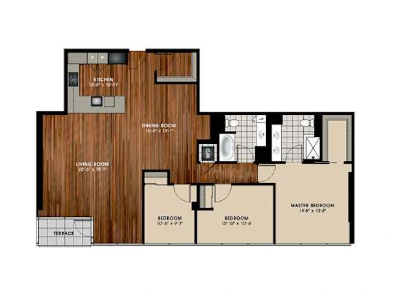 A floor plan of a house with a kitchen, dining room, living room, and three bedrooms.