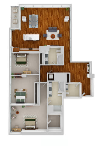 A 3D floor plan of a small apartment with a kitchen, living room, and bathroom.