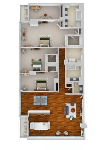 A floor plan of a two-story apartment with a living room, dining room, kitchen, and bedrooms.
