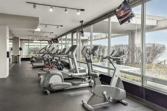 A gym with a row of stationary bikes and a large window showing the outdoors.