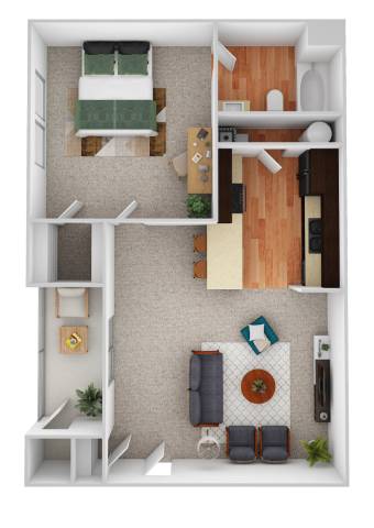 Floor Plan  A top-down view of a small apartment with a kitchen, living room, and bedroom.