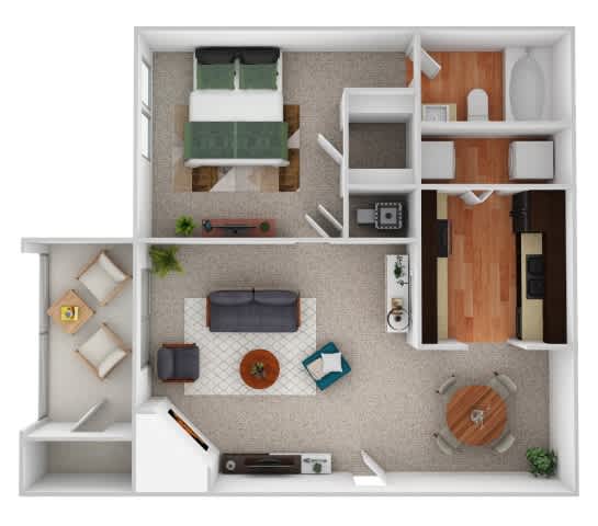 Floor Plan  A top-down view of a small apartment with a living room, kitchen, and bedroom.