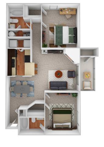Floor Plan  A 3D floor plan of a small apartment with a kitchen, living room, and bedroom.