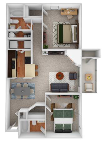 A 3D floor plan of a small apartment with a kitchen, living room, and two bedrooms.