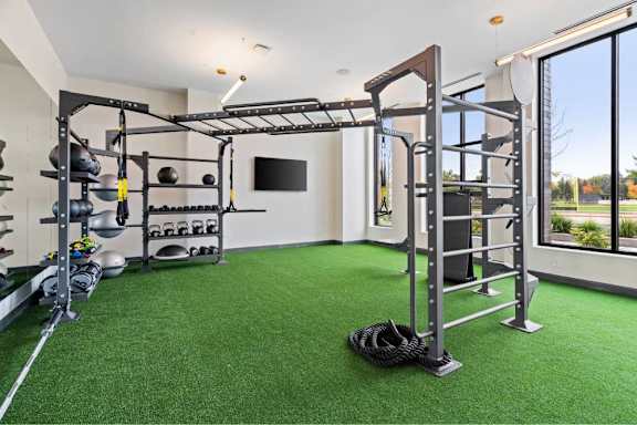 A home gym with a green carpet and a pull up bar.