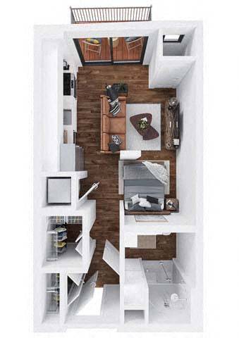 A top down view of a small apartment with a kitchen, living room, and bedroom.