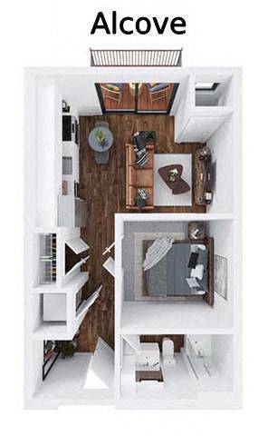 A top-down view of a small apartment with the label "Alcove" at the top.