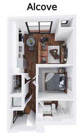 A top-down view of a small apartment with the label "Alcove" at the top.