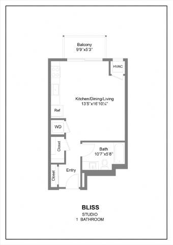 A floor plan of a home with a kitchen, dining area, bathroom, and a balcony.