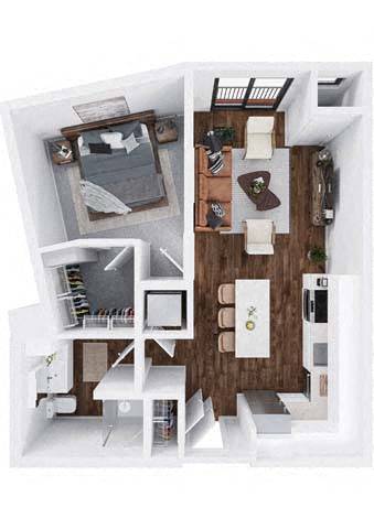 A top-down view of a modern apartment with a kitchen, living room, and dining area.