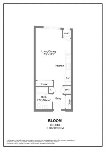 A floor plan of a studio apartment with a living/dining area, kitchen, bathroom, and closet.