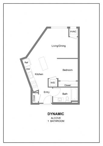 A floor plan of a dynamic alcove with one bathroom.