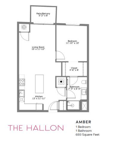 A floor plan of a one bedroom apartment named Amber.